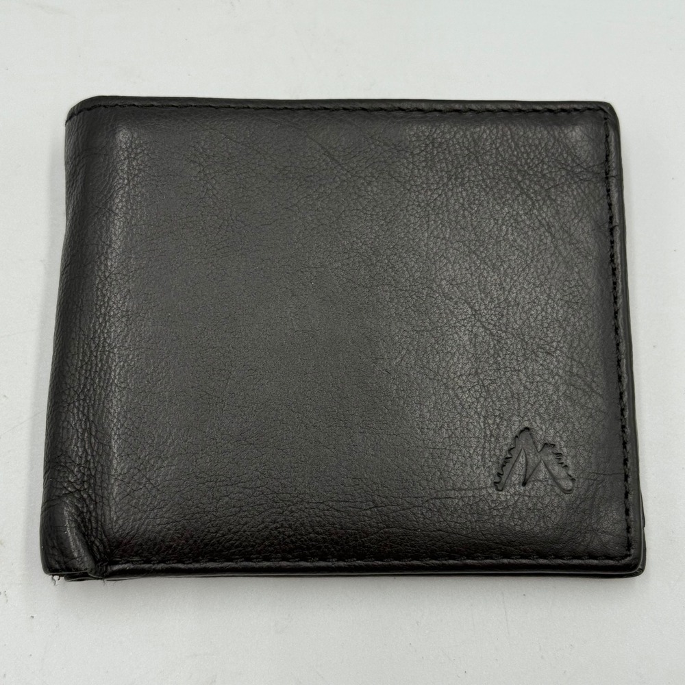 Mountain Logo Mens‎ Black Genuine Leather Bifold Wallet with ID Window